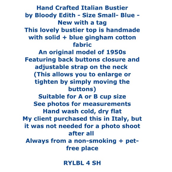 $150 Italian Bustier Small Blue Cup A / B Handcrafted Halter Top Gingham 1950s - Picture 2 of 12